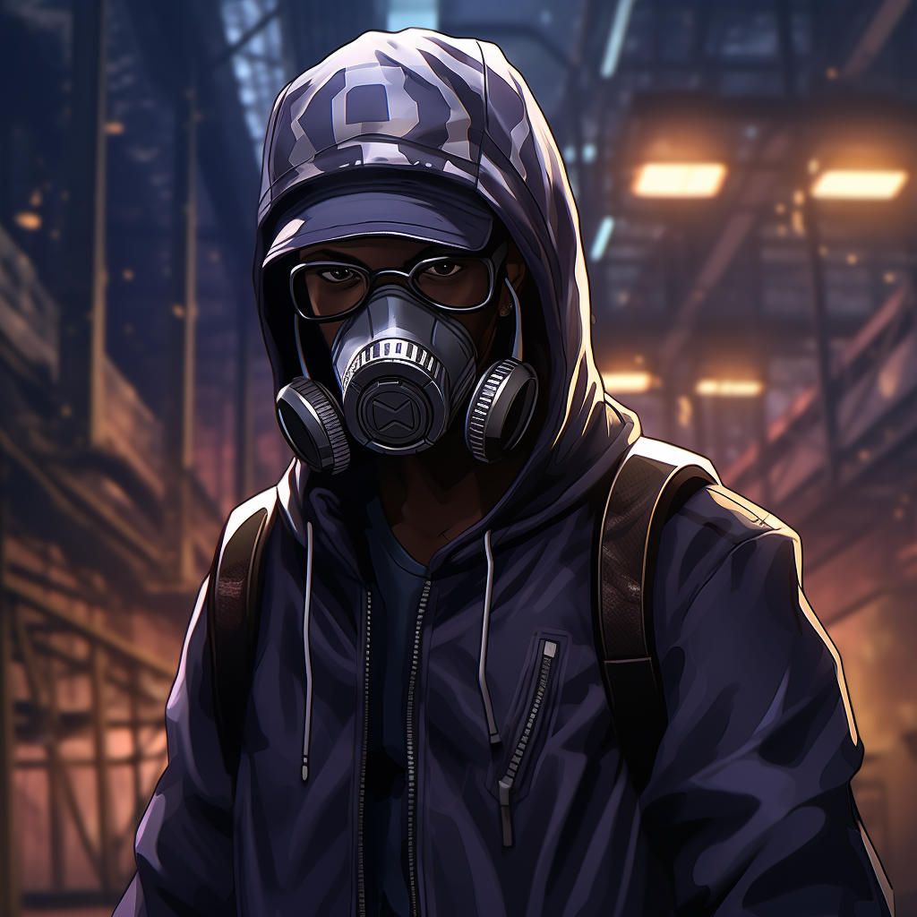 Anime character with Yankees cap, gas mask, hoodie