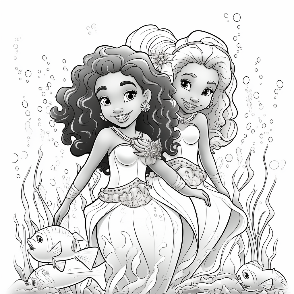 Coloring sheet of African-American cartoon mermaids