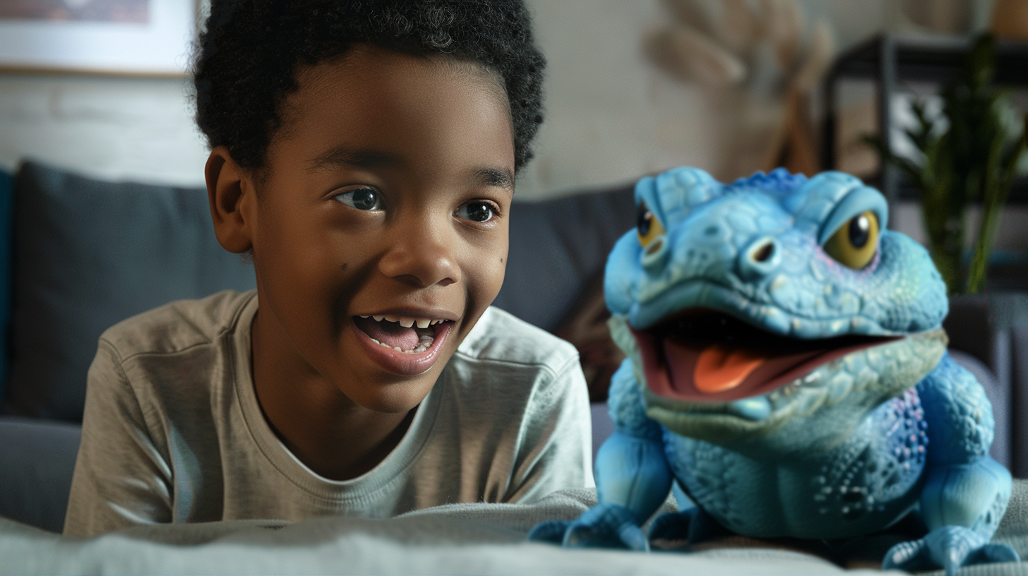 Child playing with plush lizard toy