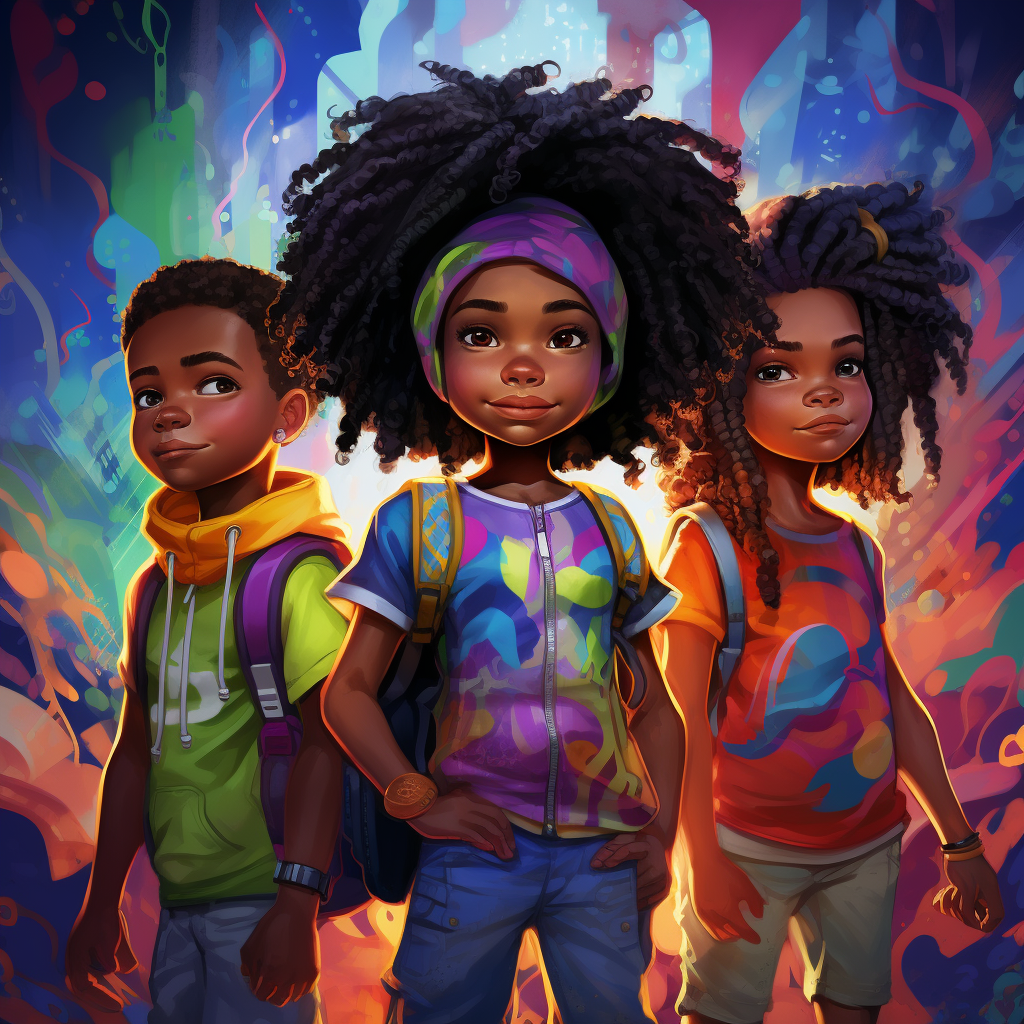 Illustration of African American children with colorful backgrounds