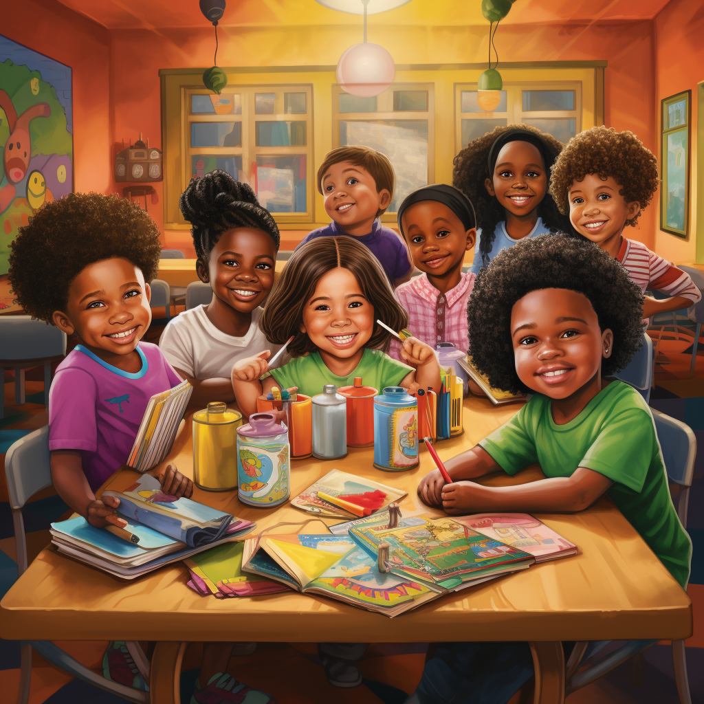 African American children coloring in classroom