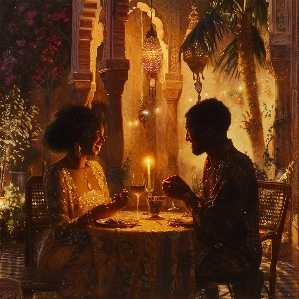 African American couple candlelit dinner