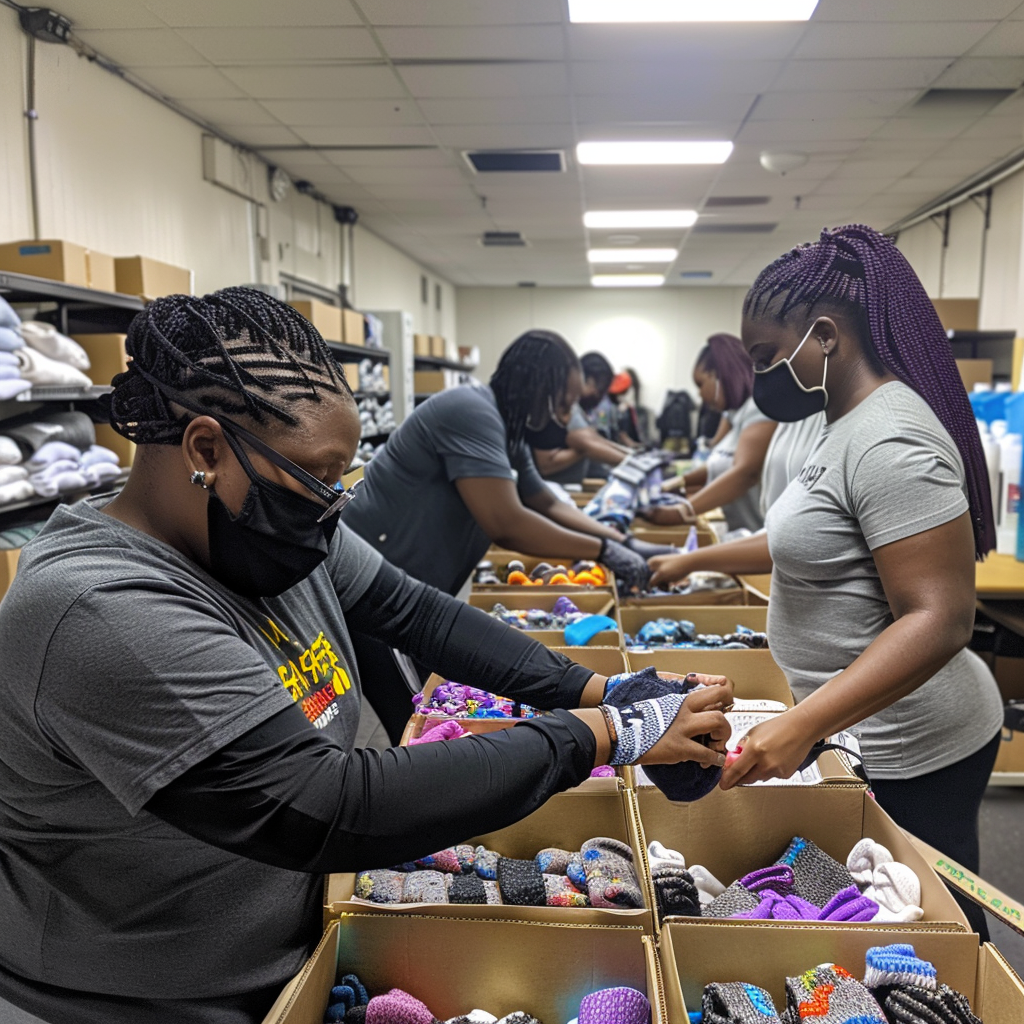 African American employees pack socks