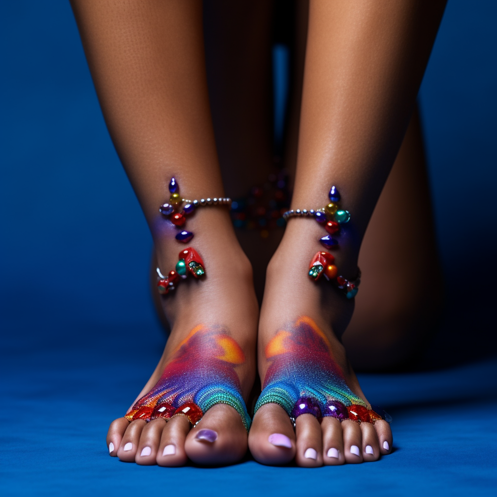 African American female feet with colorful nail polish and rings