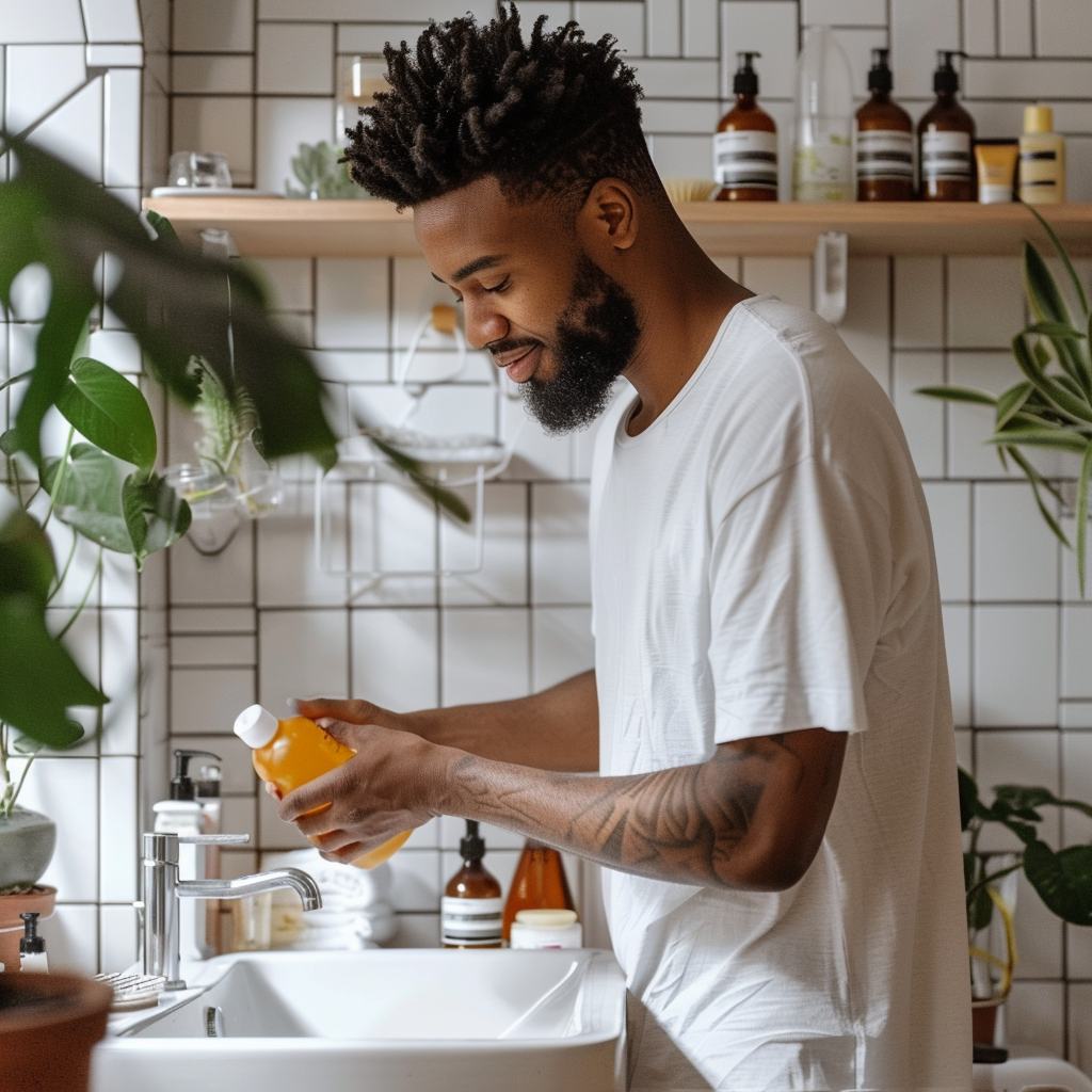 African American man cleaning bathroom