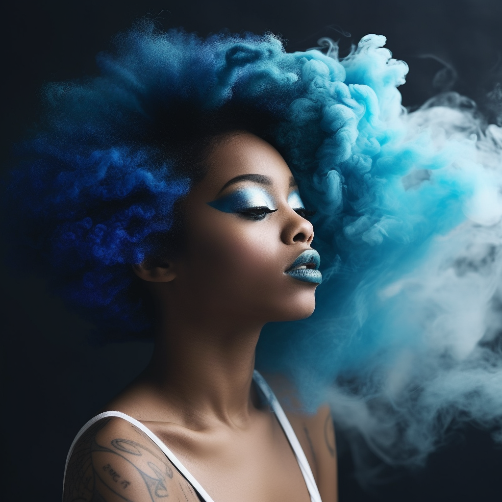 African American girl with blue lips exhaling smoke