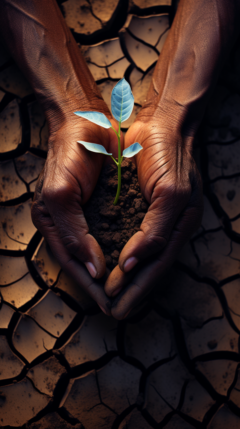 African American hands nurturing seedling in parched land