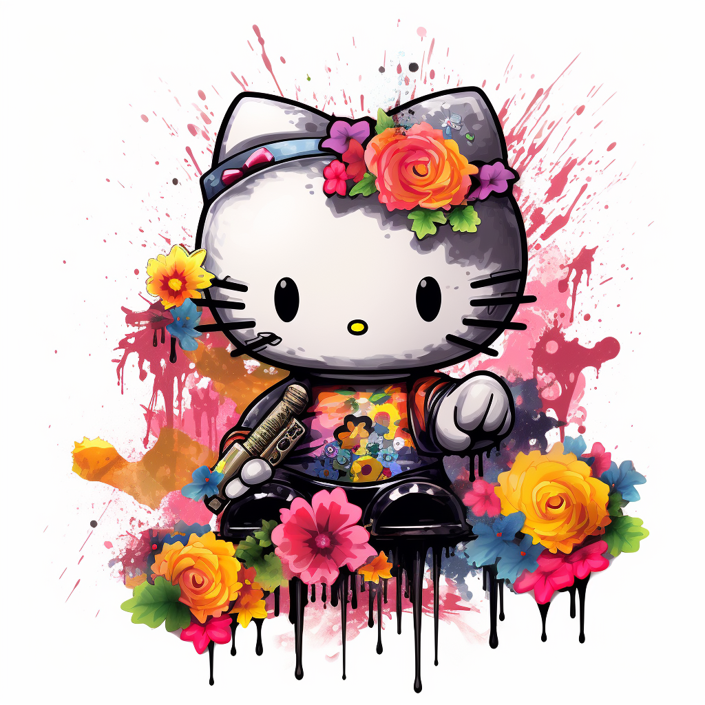 African American Hello Kitty with Graffiti and Flowers