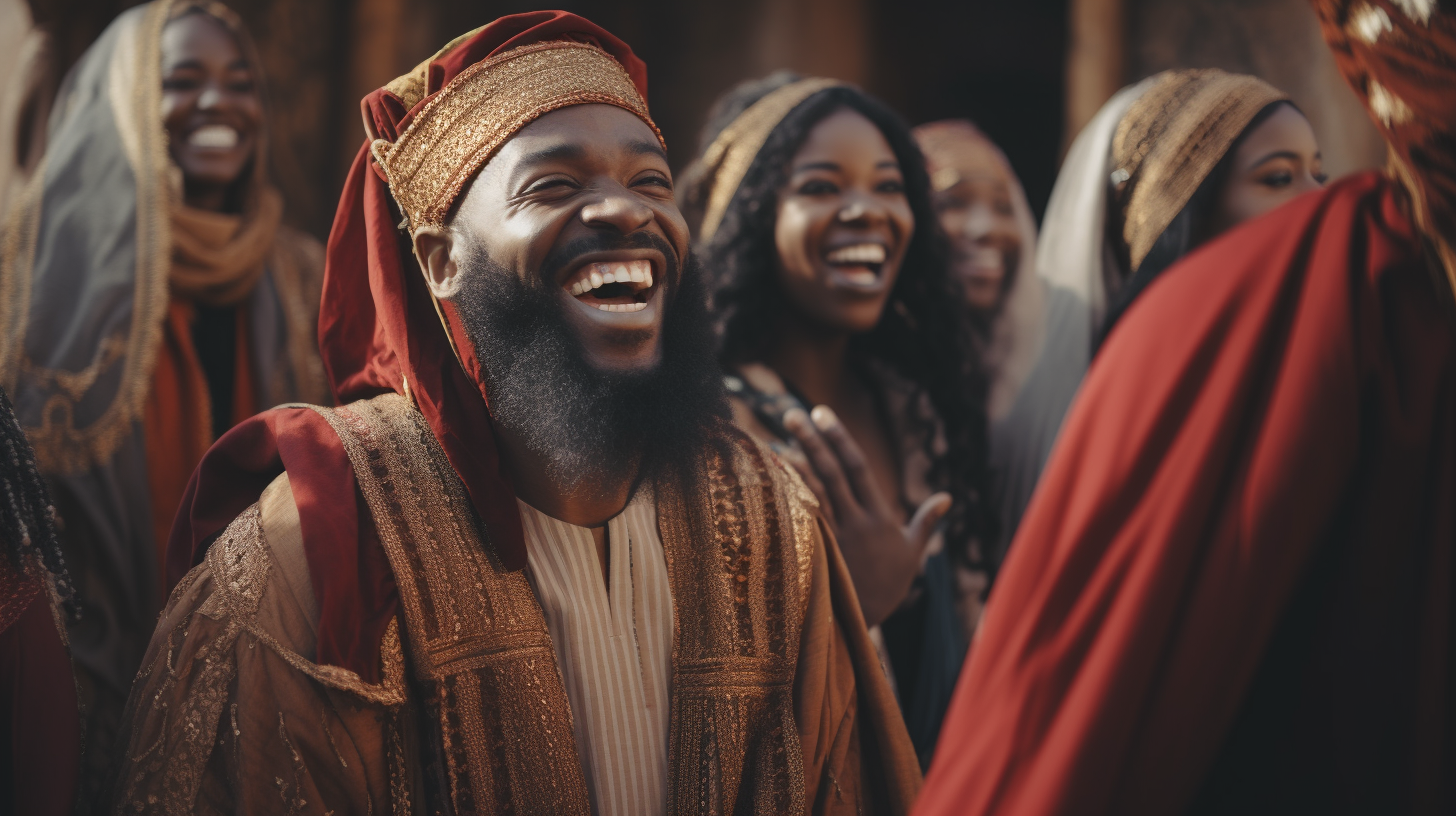 African-American men women biblical garments laughing