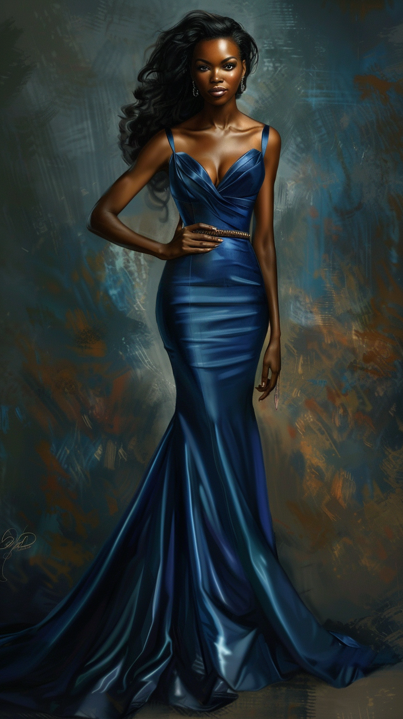 African American woman in blue satin dress