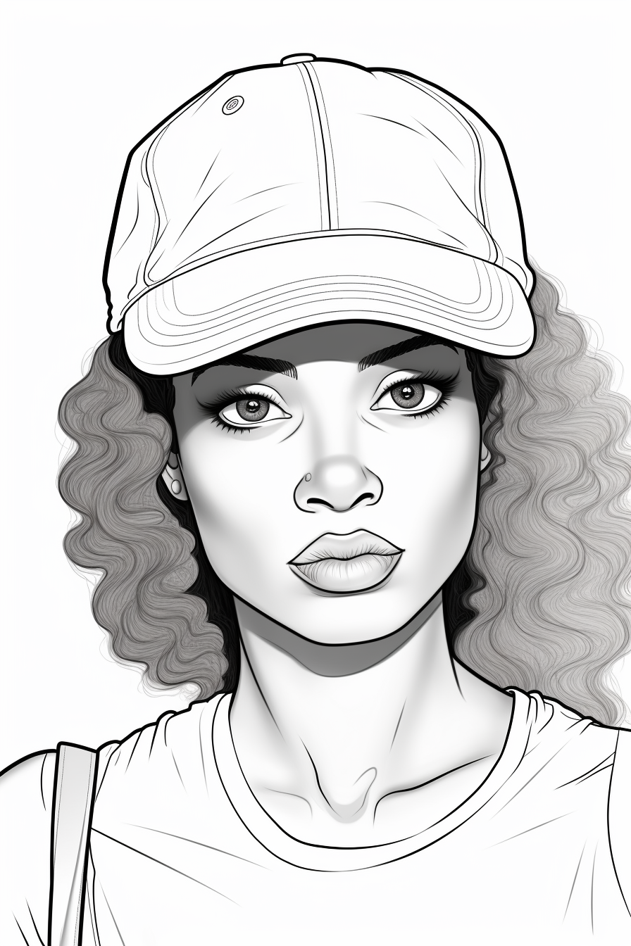 Coloring page of African American woman in baseball cap