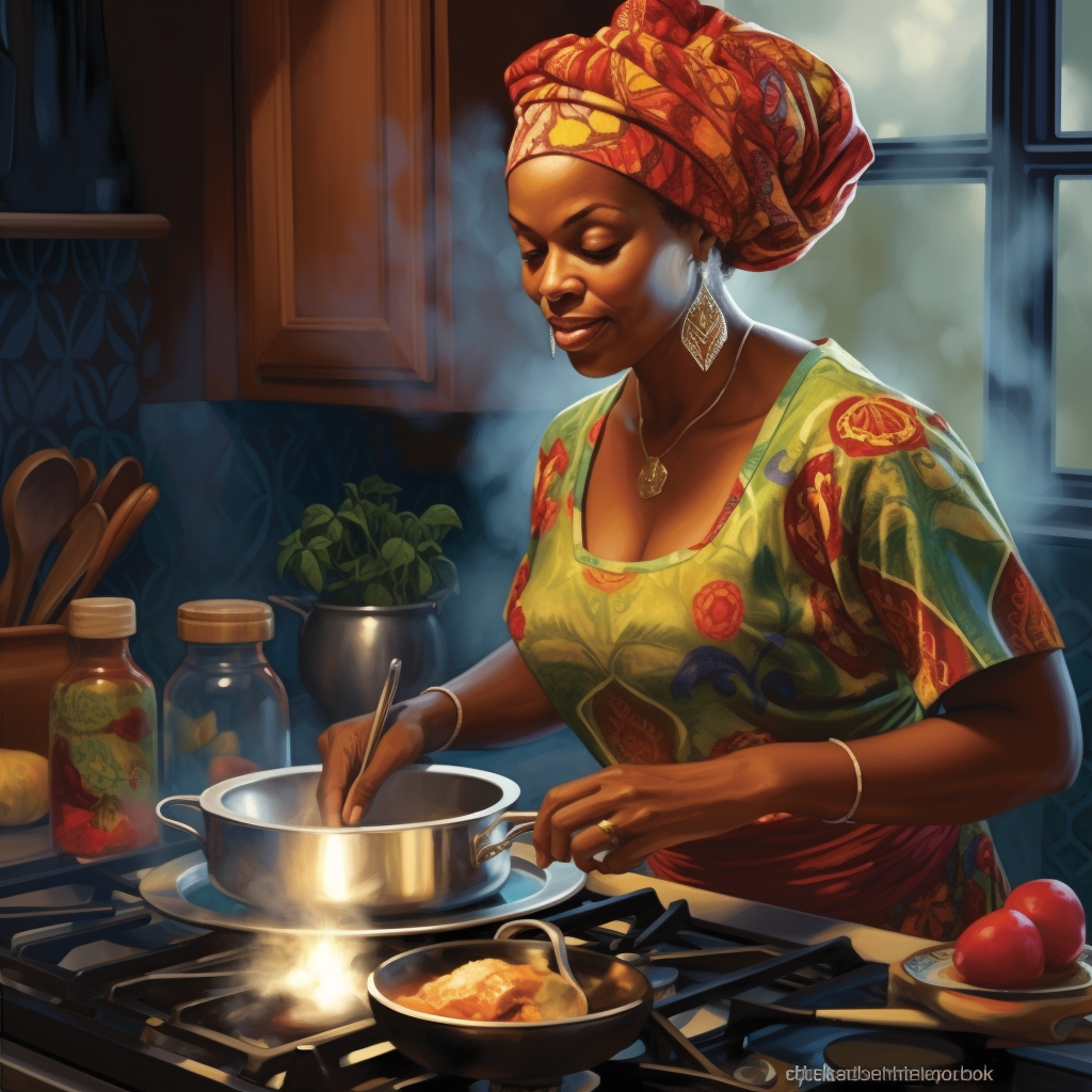 African American woman cooking in vibrant kitchen