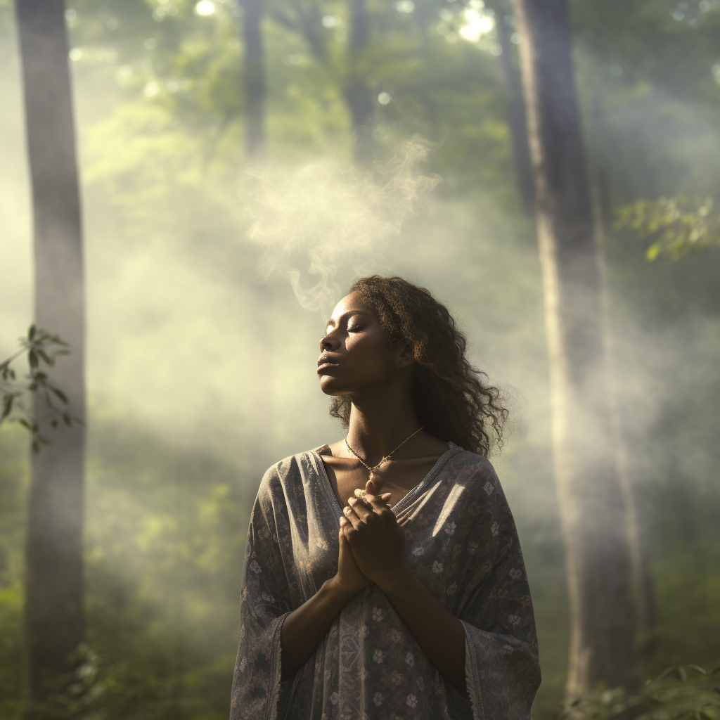 African-American Woman Camping in Serene Forest  ?️