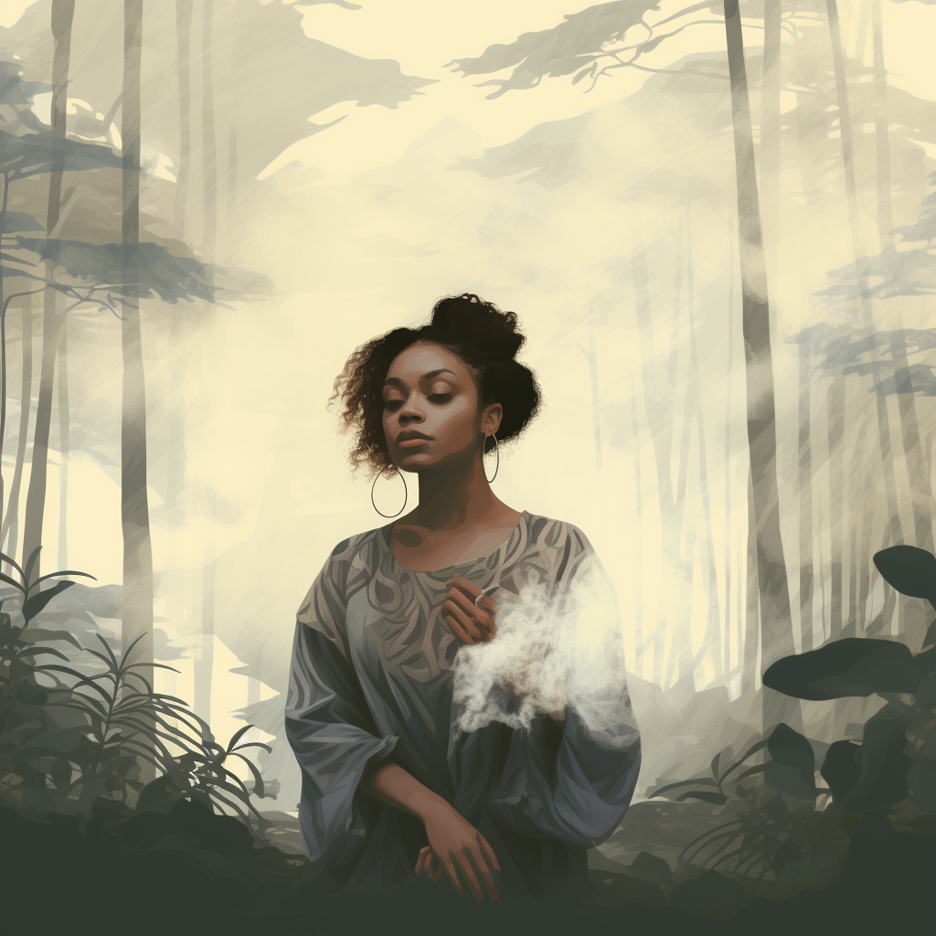 African American woman camping in serene forest