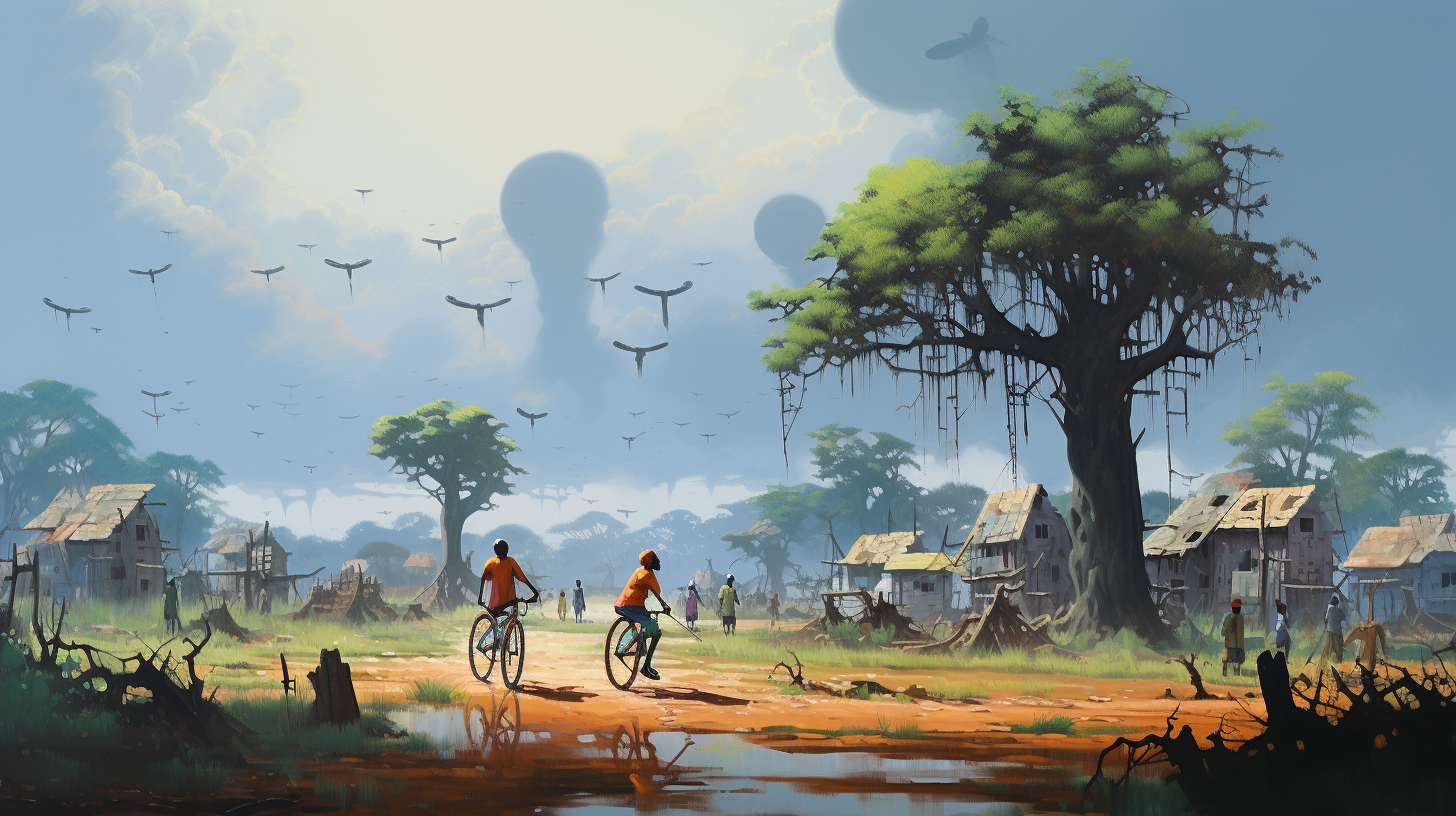 Unique Oil Painting of African Children on a Bicycle