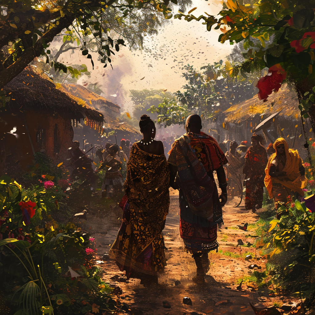 African couple walking in village