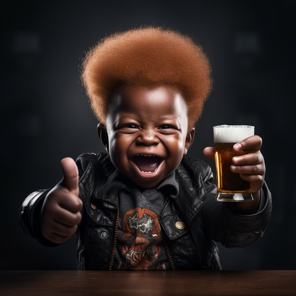 Drunk African dwarf with ginger beard showing middle finger