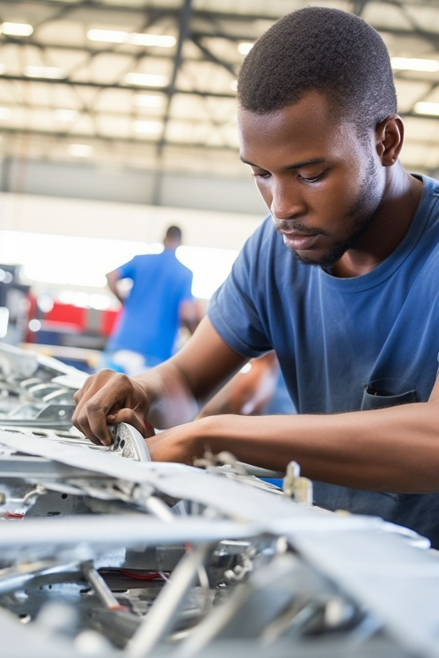 Close up of African engineers building planes