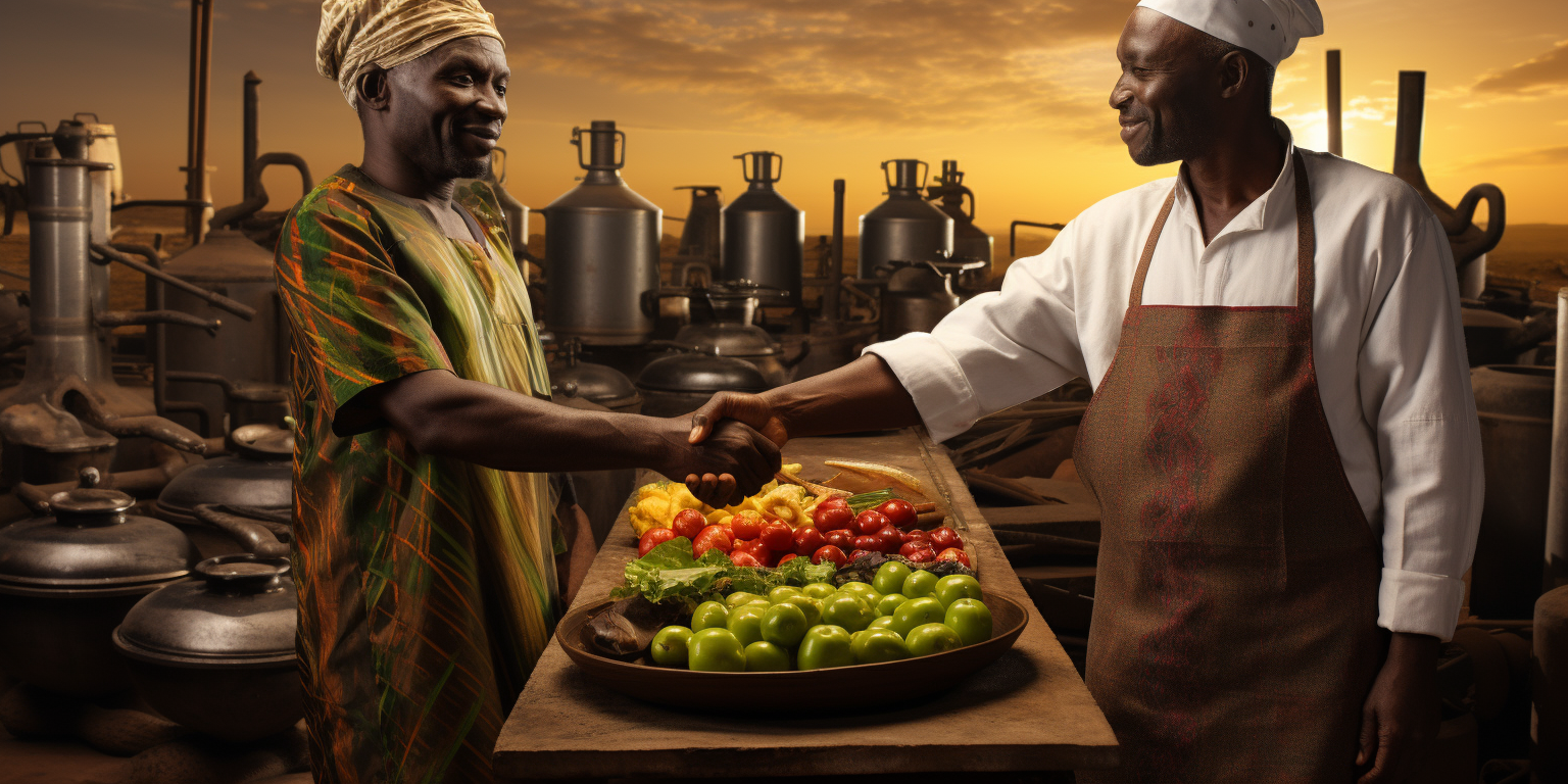 African and European shaking hands during cooking oil production