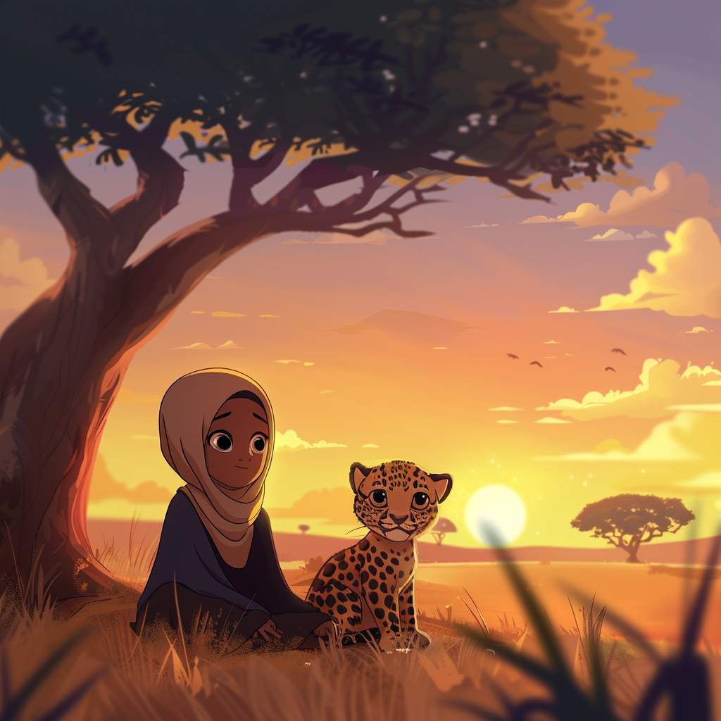 African girl leopard acacia sunset