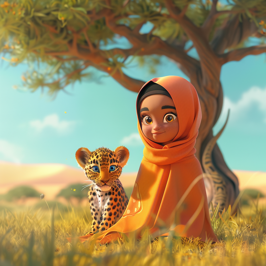 African girl and leopard cartoon