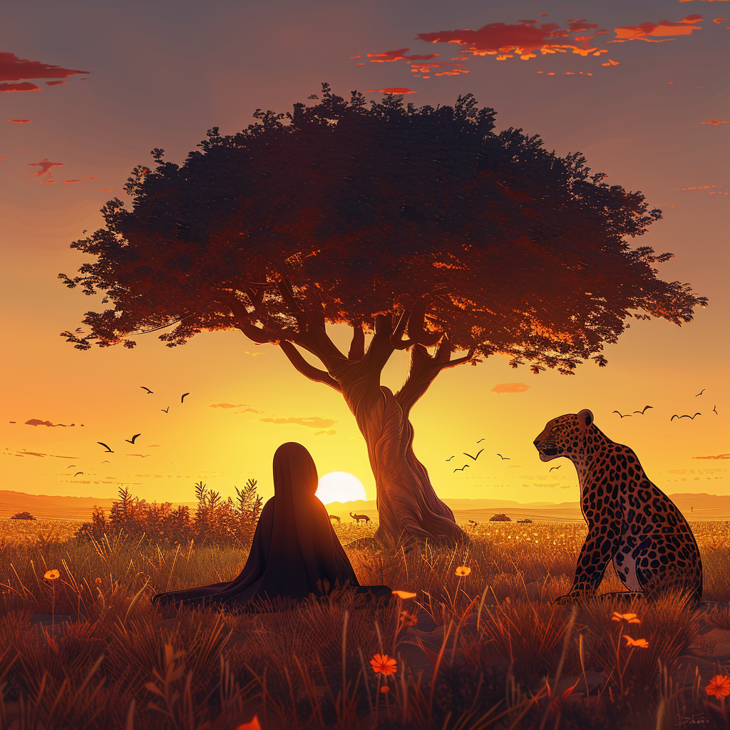 African Girl and Leopard Sunset