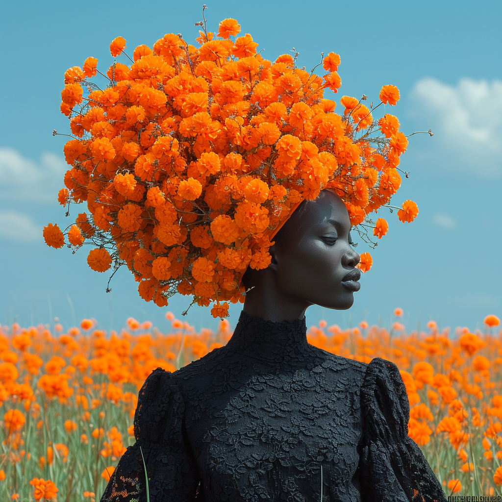 African girl in long dress with orange flowers