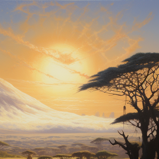 African Grasslands Painting with Running Antelopes and Mount Kilimanjaro