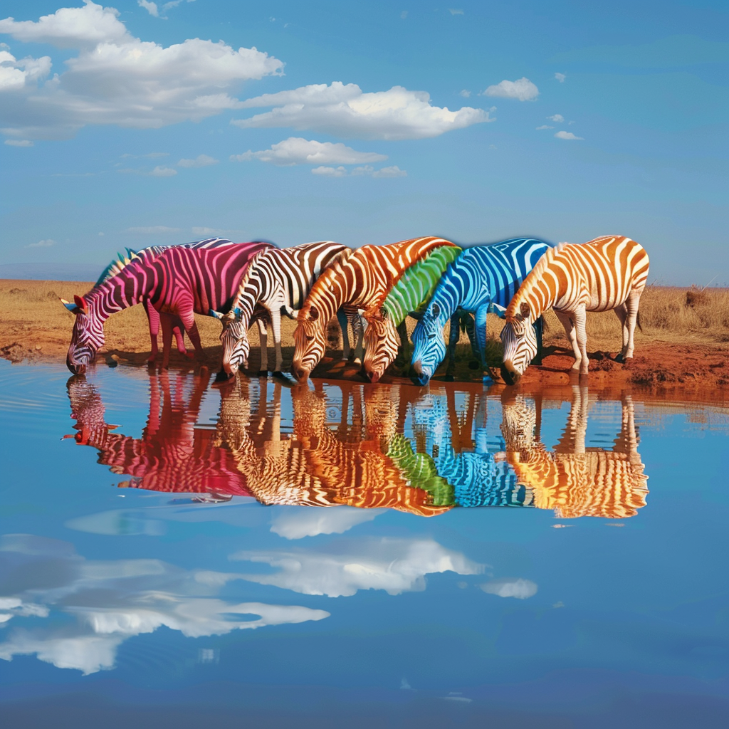 Colorful zebras drinking at African lake