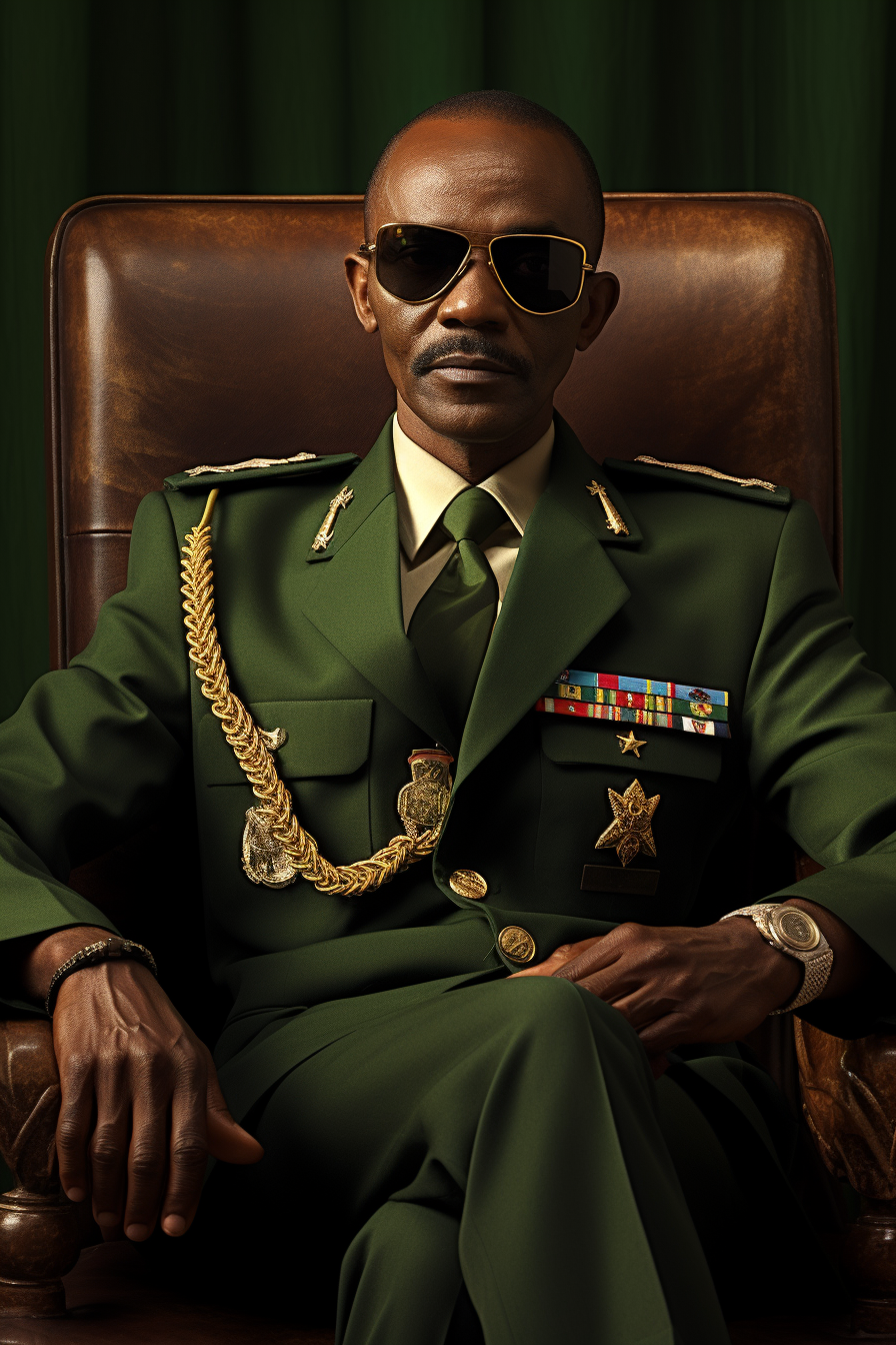 African male dictator in green military costume