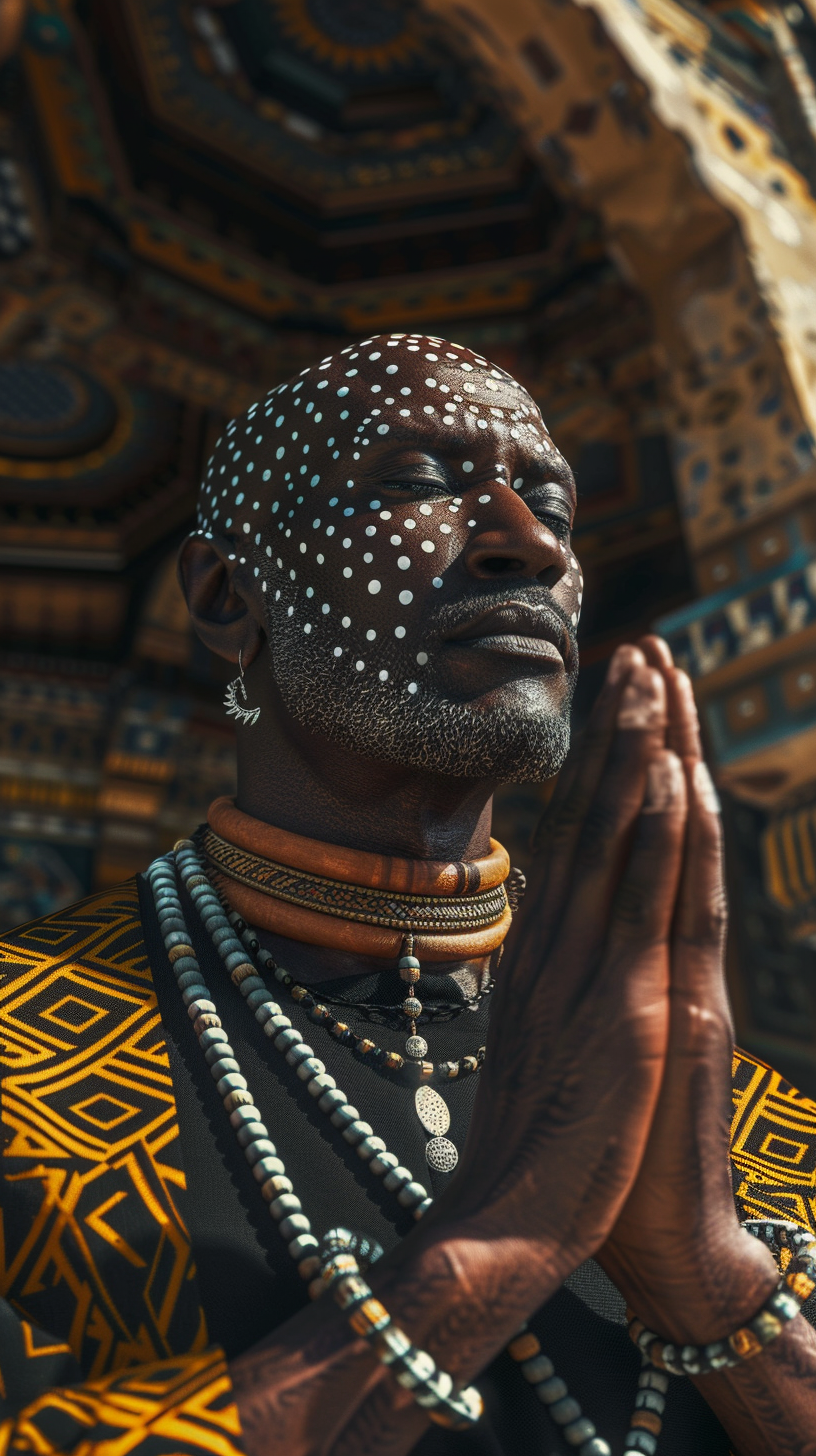 African man body paint praying