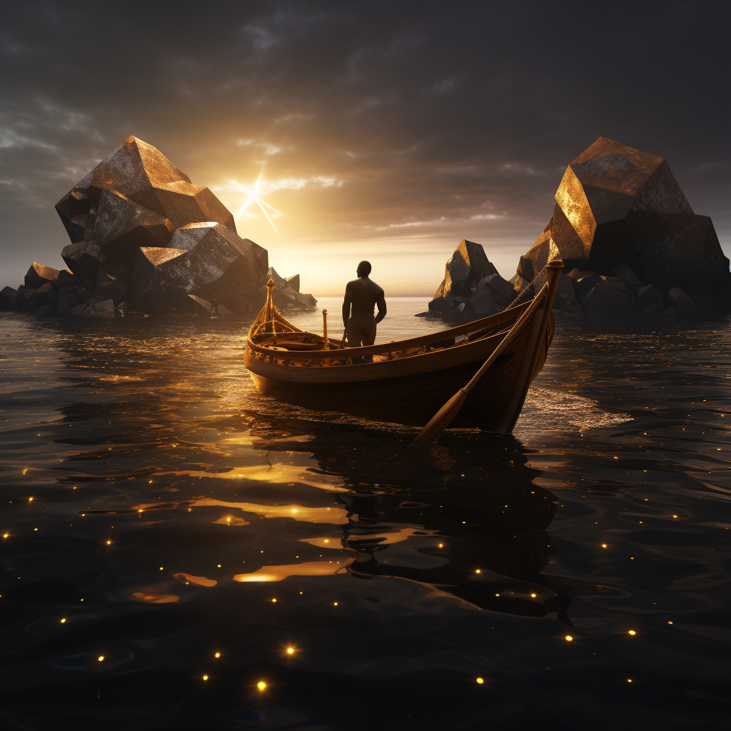 African man rowing boat towards giant diamond on island