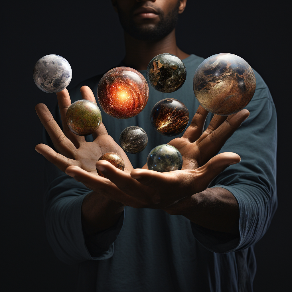 African man holding planets