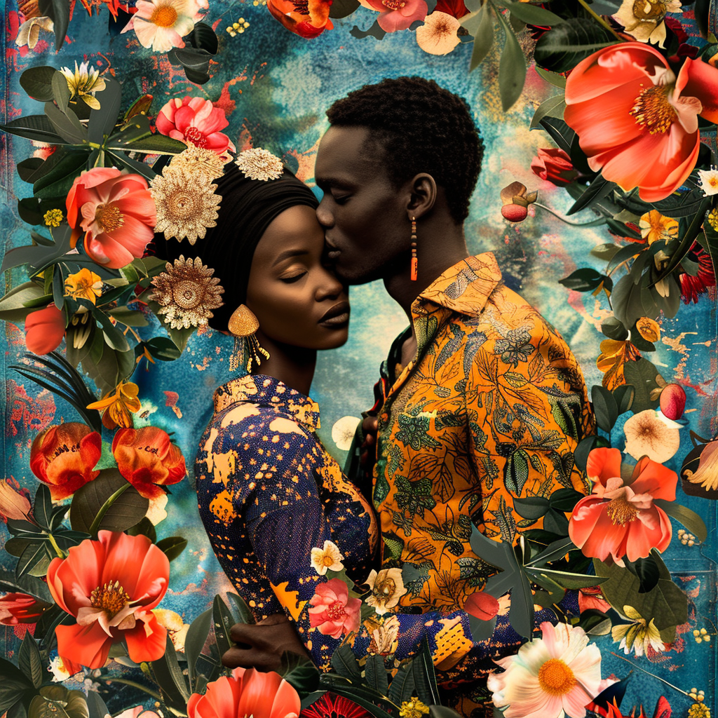 African couple celebrating with flowers