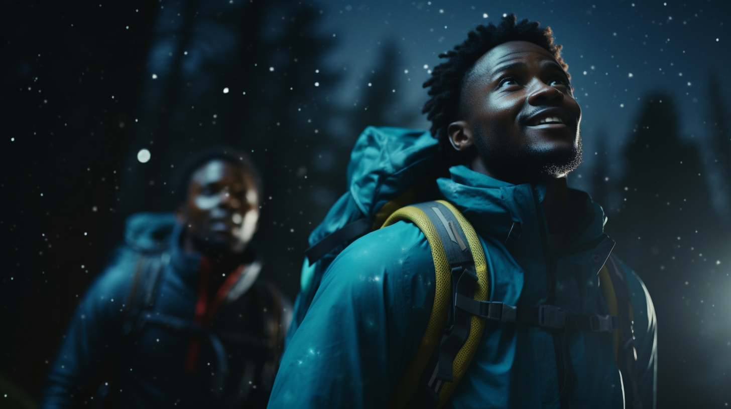 African men hikers with fireflies at night