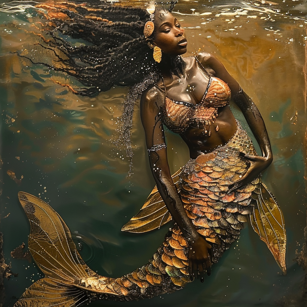 African mermaid swimming in ocean