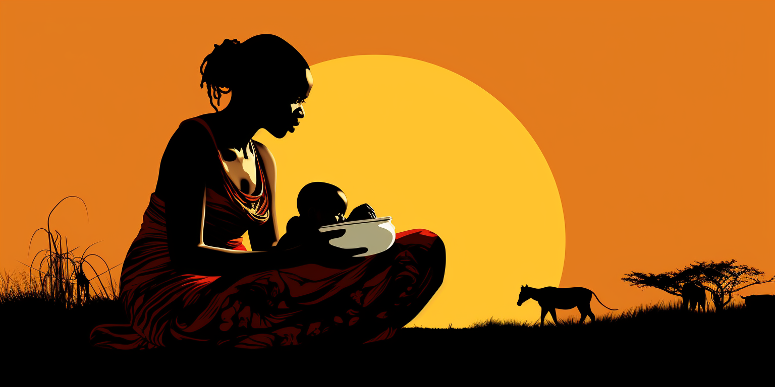 Silhouette of African mother breastfeeding son