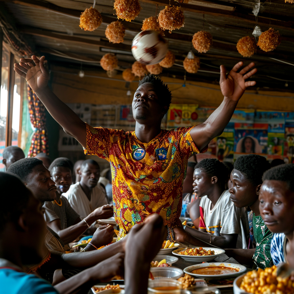 African Nation Cup Football Player Juggling in Restaurant