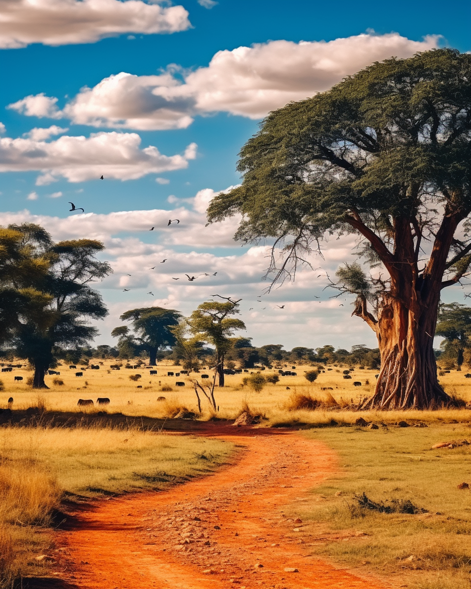 African Savanna with Animals and Trees