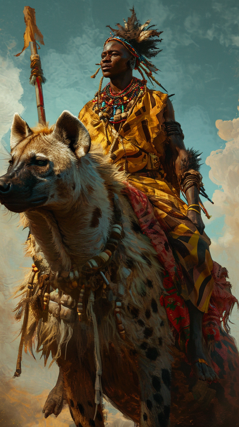 African shaman on giant hyena