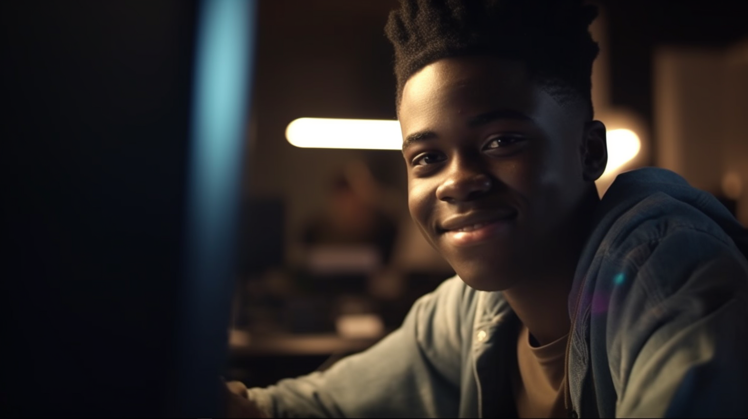 African university student working on computer smiling