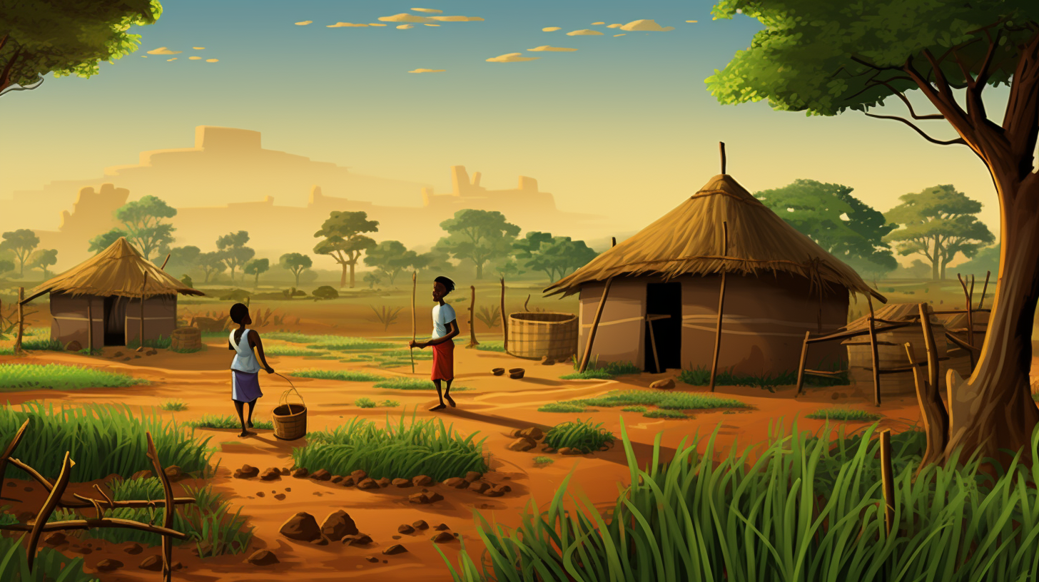 Cartoon illustration of African village farming activity