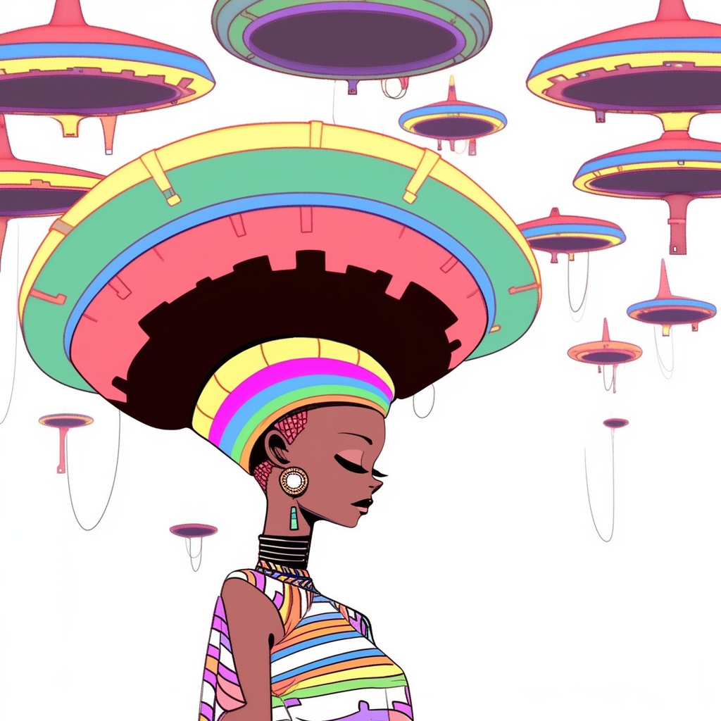 Illustration of African Village Girl in UFO shape