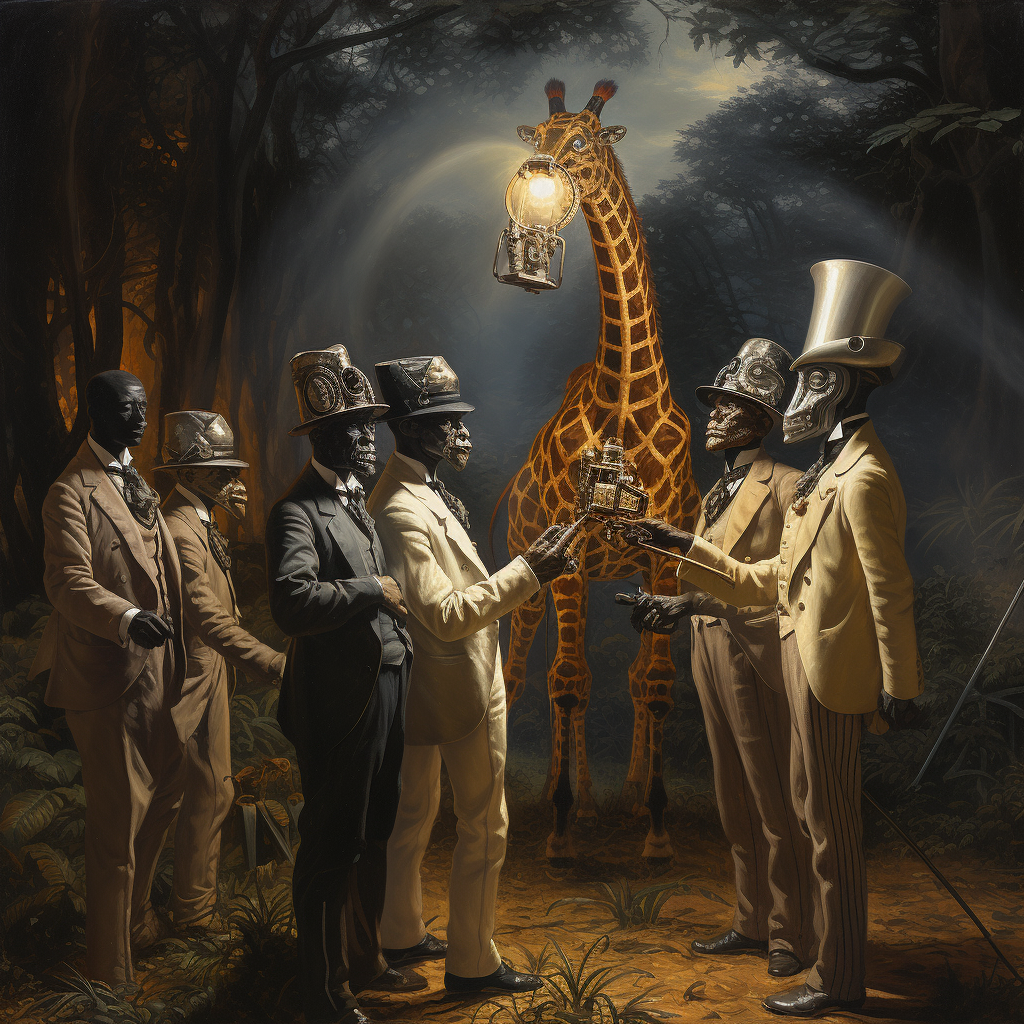 Group of Men with African Voodoo Masks Confronting Robotic Giraffe