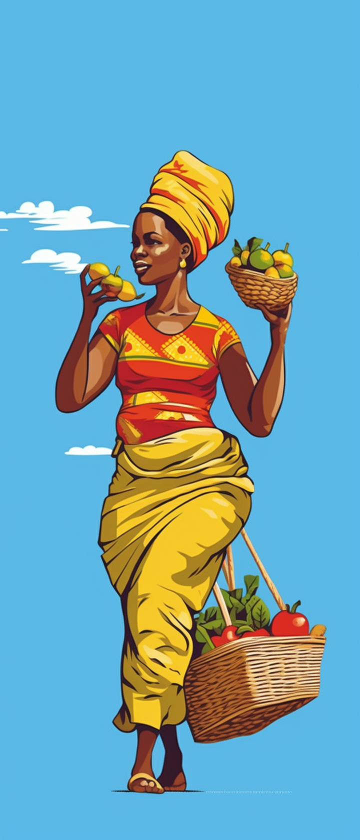 African woman multitasking with baby and fruit basket