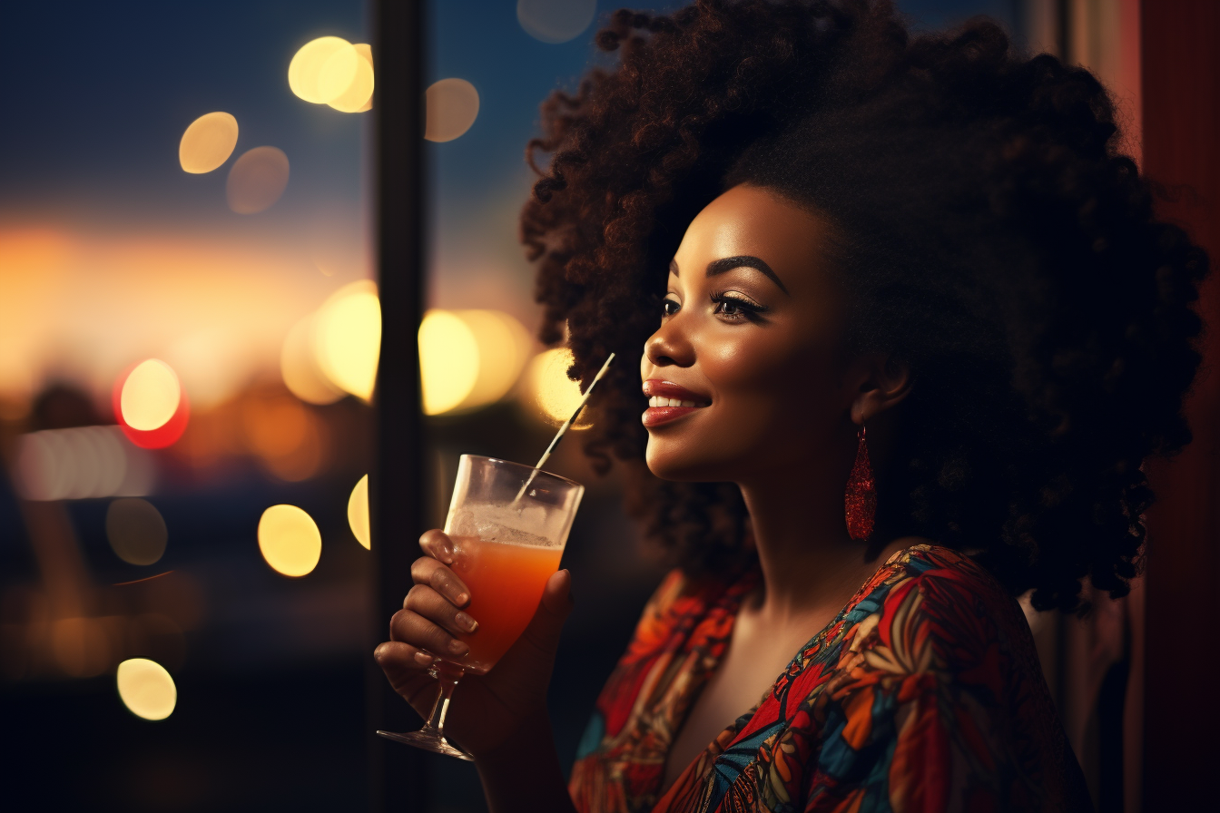 African woman enjoying cocktail on balcony