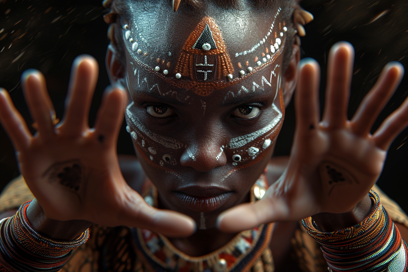 African woman with fierce eyes wearing African mask