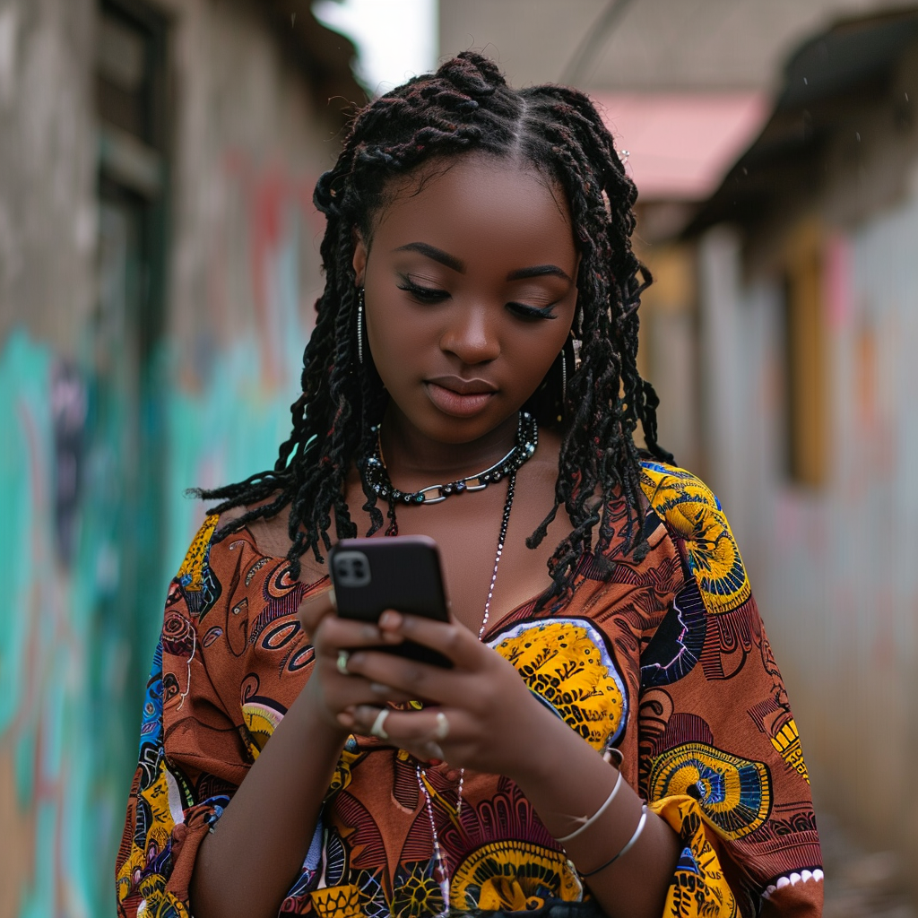 African woman in urban environment on phone