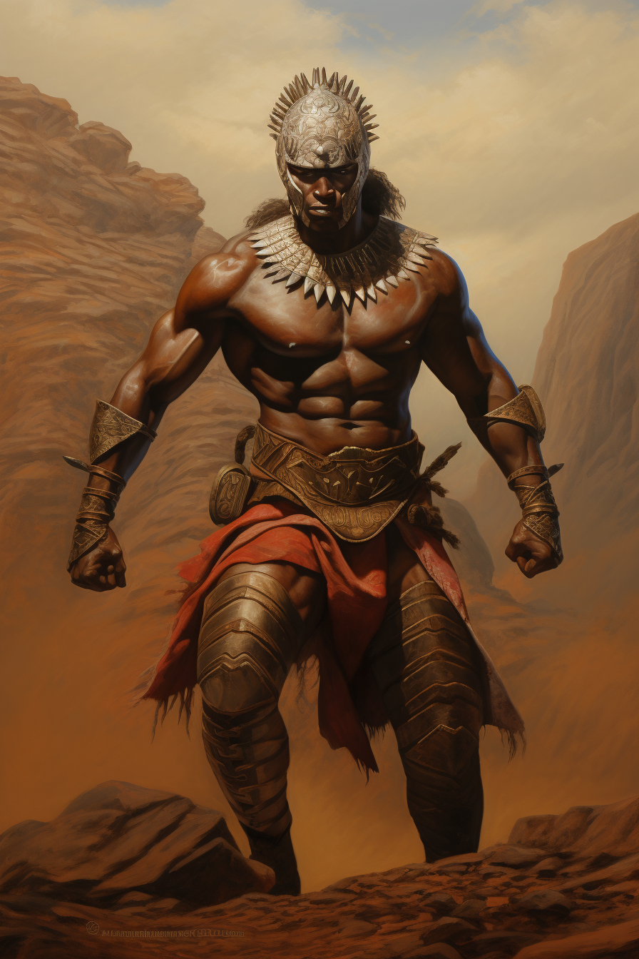 Full body oil painting of an African Zulu warrior in armor