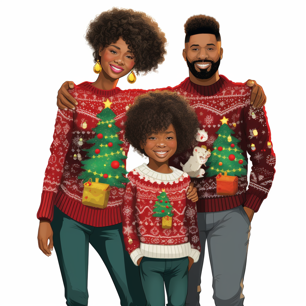 African American family in festive Christmas sweaters